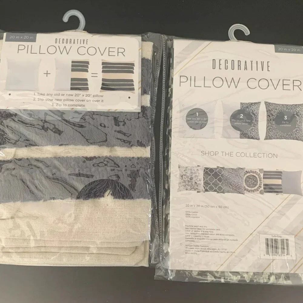 Square Decorative Pillow Cover lot 20” X 20” Grey Fringe Geometric Morgan Home